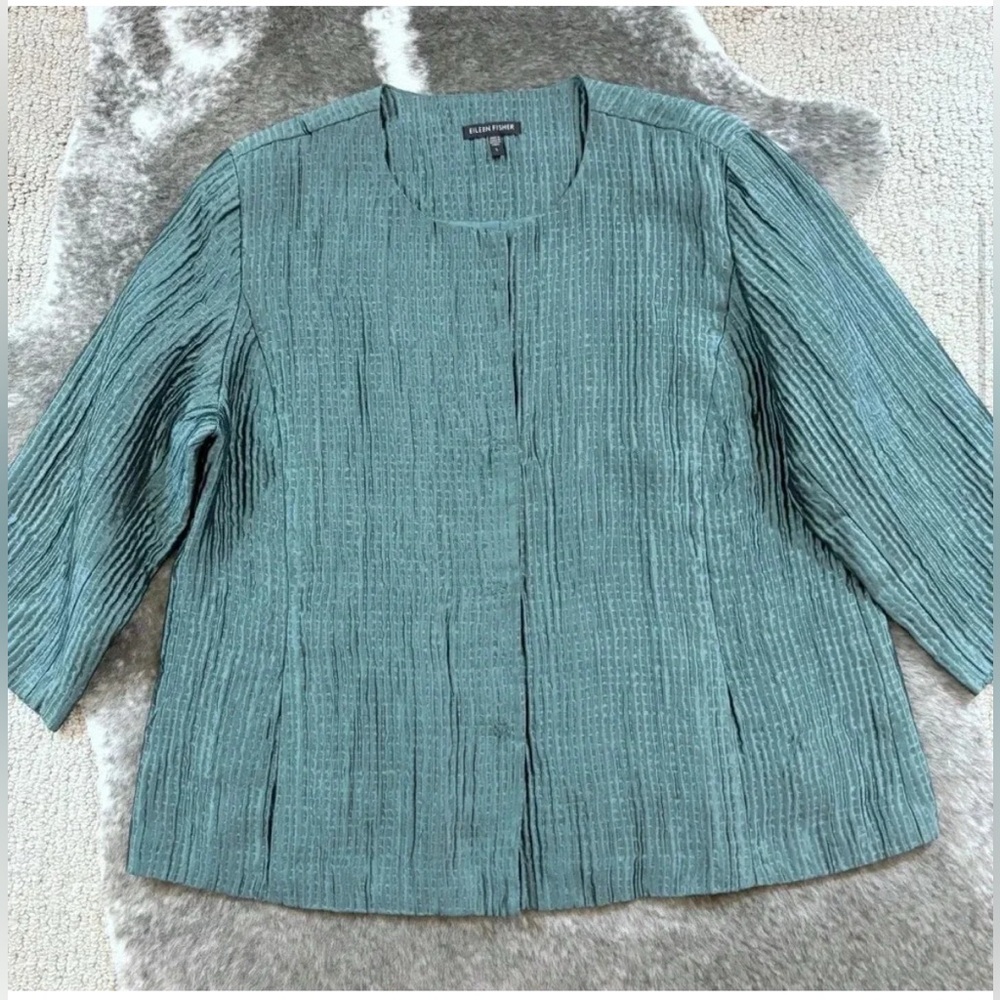 Eileen Fisher Large Muted Turquoise Blue Green Lined Textured Silk Jacket Blazer